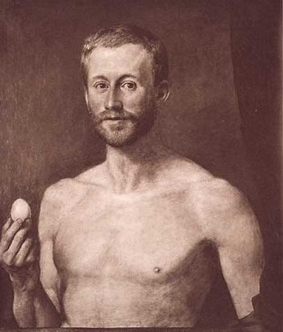 Portrait painting of Julius Langbehn holding an egg.