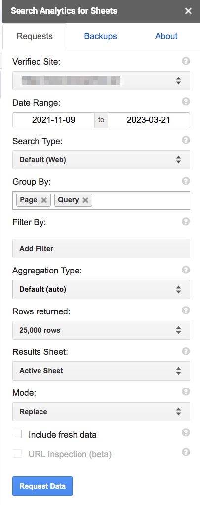 Search Analytics for Sheets — sidebar — settings of Search Console export