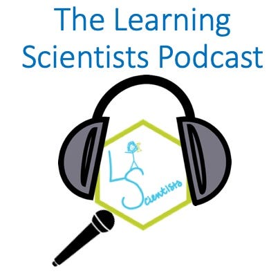 The Learning Scientists Podcast title card, with a small version of their logo surrounded by headphones and a small mic
