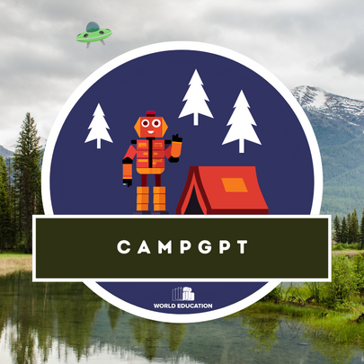 CampGPT Logo with robot camping.