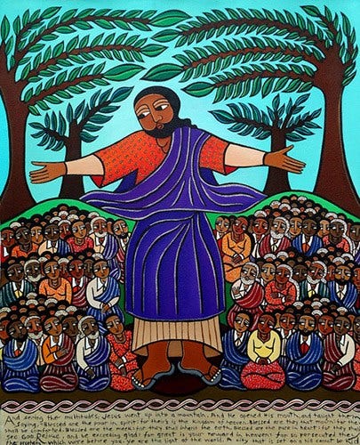 A painting of Jesus with deep brown skin and red and blue robes, standing larger than life with his arms extended over crowds of people, who all have skin in varying shades of brown. They look up at him intently.
