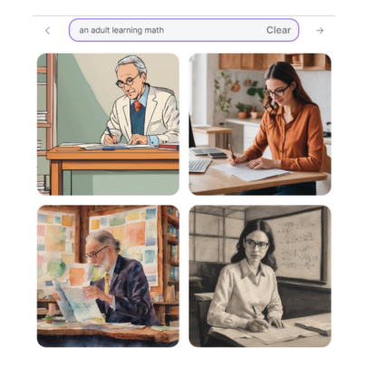 In a search for “an adult learning math,” the results show a grid of four AI-generated images. Two images are of white males with gray hair, and two images show a white woman with long brown hair. In all images, the adults are wearing glasses and sitting at desks reading and writing.