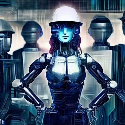 female robot with hard hat leading others