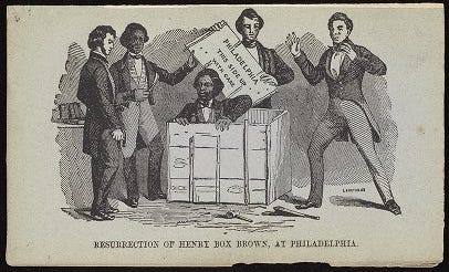 Cartoon image of Henry ‘Box’ Brown emerging out of his box surrounded by three white gentlemen and one man of colour, titled ‘Resurrection of Henry Box Brown, at Philadelphia’