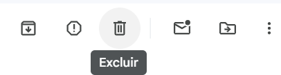 Captura de tela do gmail a opção em foco é a da lixeira para excluir um arquivo, nela tem uma label escrito excluir.