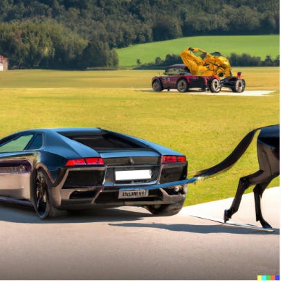 An AI generated image of a horse towing a Lamborghini