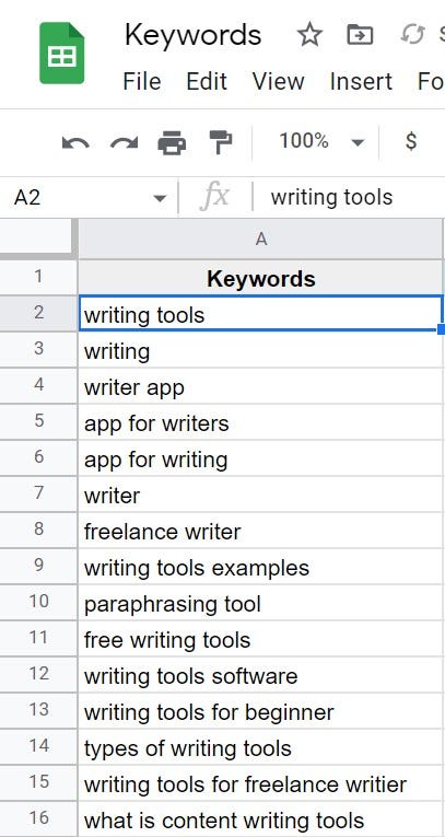 keyword spreadsheet on Google sheets.