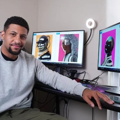 Image of Justin Shafier, a male in his 20s sitting next to a computer monitor with three images representing NFTs.