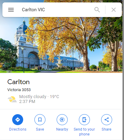 A screencap of the Google Maps entry for Carlton, Victoria. The postcode is marked as 3053.