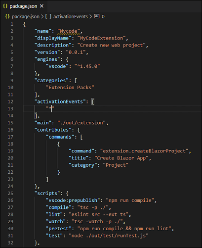 Open the package.json file to edit the extension details