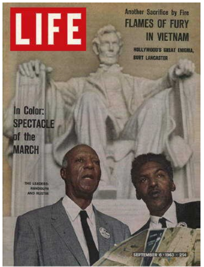 Life magazine cover, Randolph and Rustin stand before the Lincoln Monument