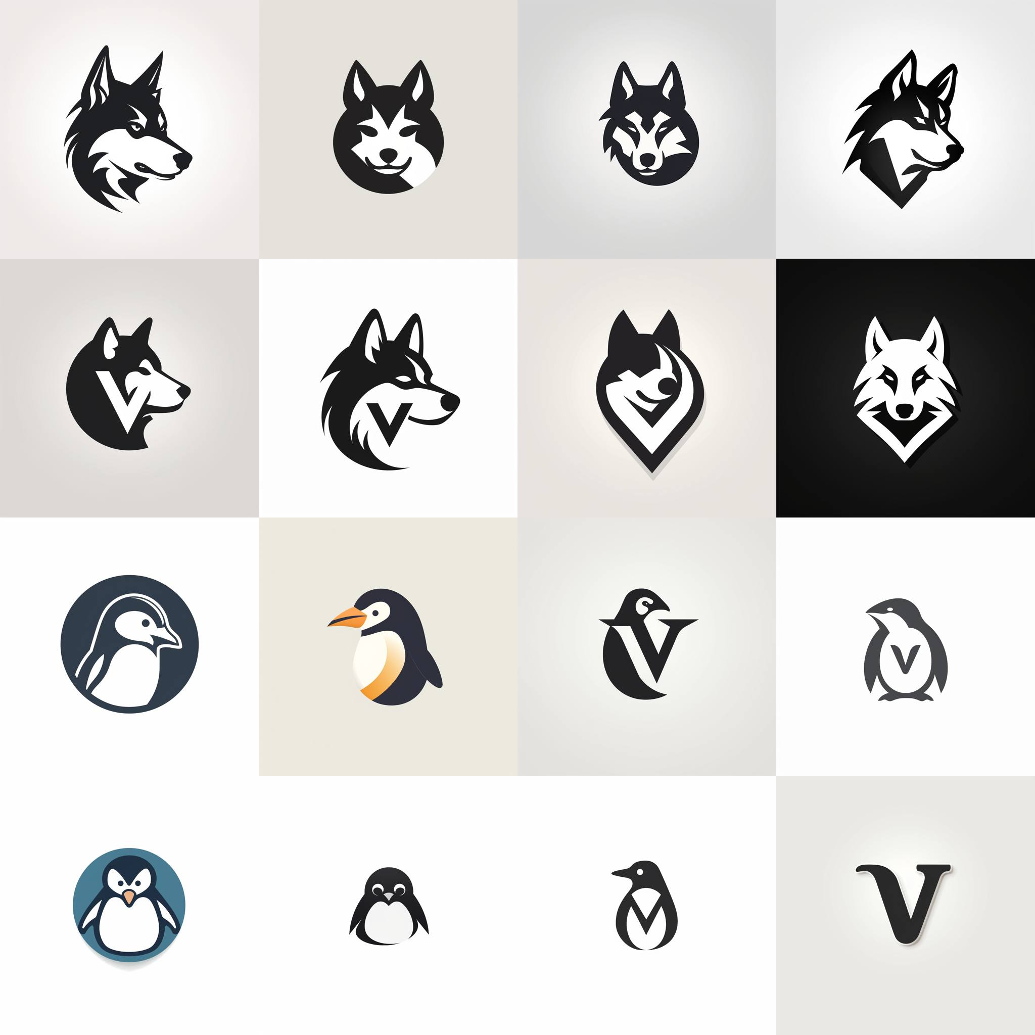 Midjourney logo design of penguin and husky combined with letters Y and W