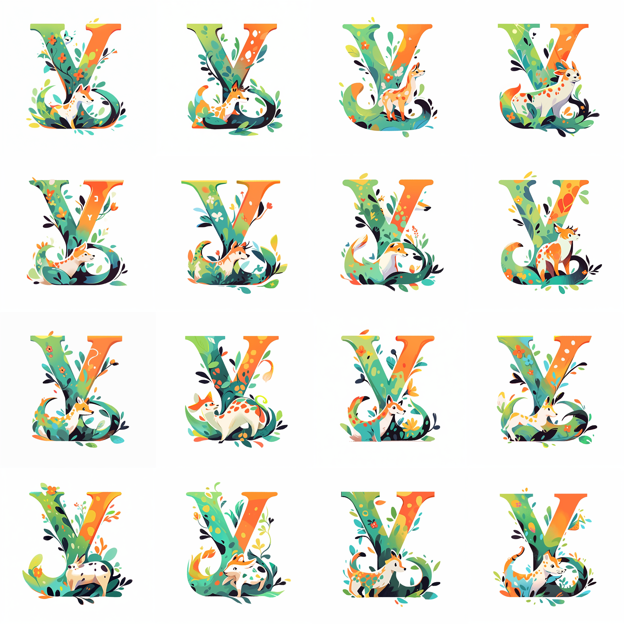 Variations of an animal and the letter Y, created by Midjourney.