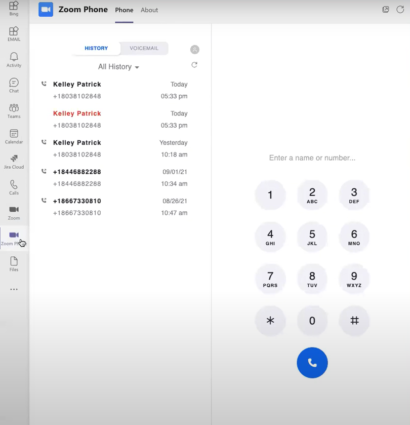 Zoom Phone tab in Microsoft Teams