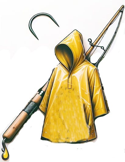 Yellow rain slicker with fishing rod