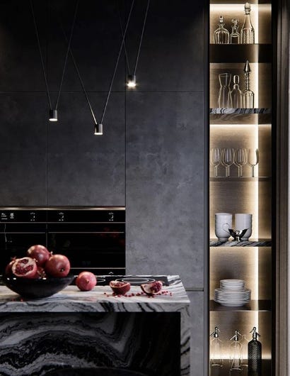 black kitchen with lighted storage