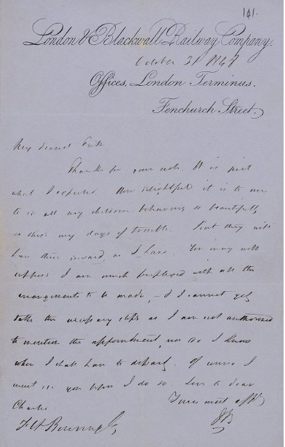 Handwritten letter on paper from the London and Blackwell Railway Company, Fenchurch Street