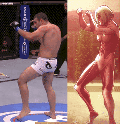 Annie’s stance in her Titan form, compared to former UFC champion Mauricio Rua, who has a similar style.