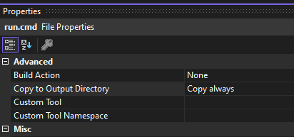 The properties of the run.cmd file in Visual Studio, indicating the Copy to Output Directory property is set to Copy always