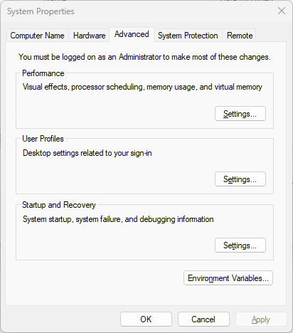 Dialog box representing advanced system properties in Windows Settings.