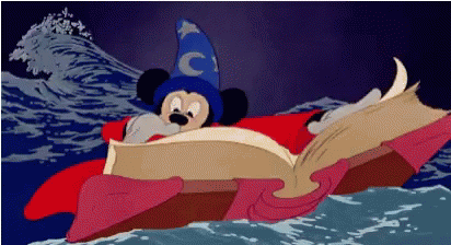 Animated GIF of the Apprentice (Mickey Mouse) frantically floating on a spellbook on top of a giant wave of water.