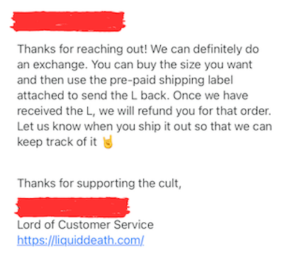Email from Liquid Death customer service.