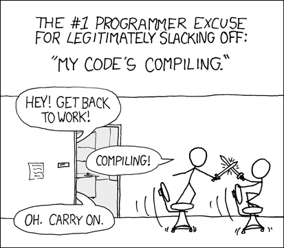 Comic from https://xkcd.com/303/. Two developers play while waiting for their code to compile.