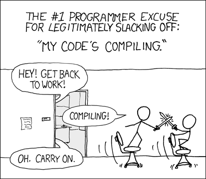 A XKCD comic about two programmers sword fighting while their code compiles. Their boss shouts at them to get back working