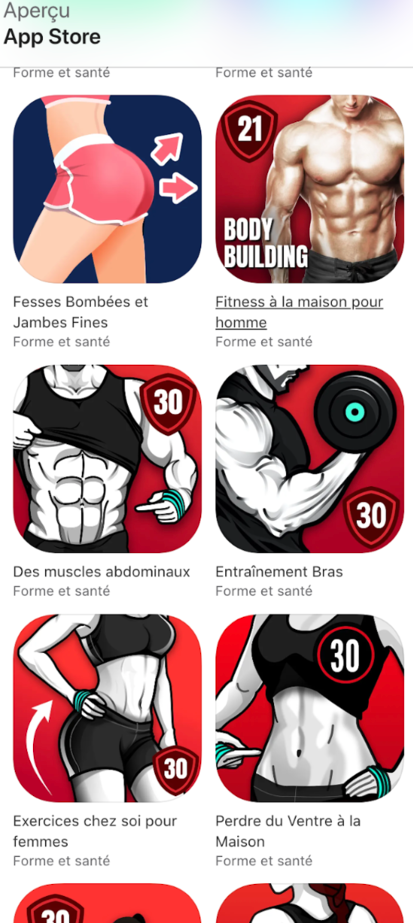 App Store results in sport section: there are male bodies with six-packs and muscled arms, and female bodies with flat stomach and rounded booties.