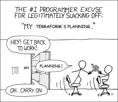 Two programmers having a toy sword fight instead of working. Their boss yells “get back to work!” and gets the response “compiling!”, to which the boss replies “oh, carry on”.