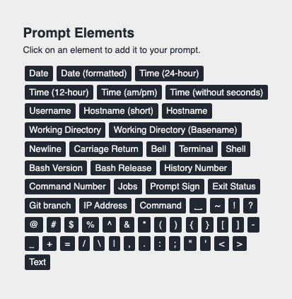 List of prompt elements from the Scriptim bash prompt generator.