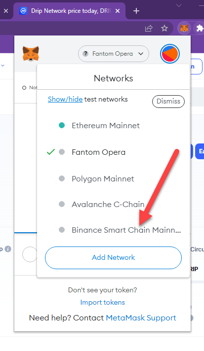 Changing the network in MetaMask to Binance BSC