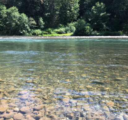 Photo of a reflective, clear lake with rocks underneath the water