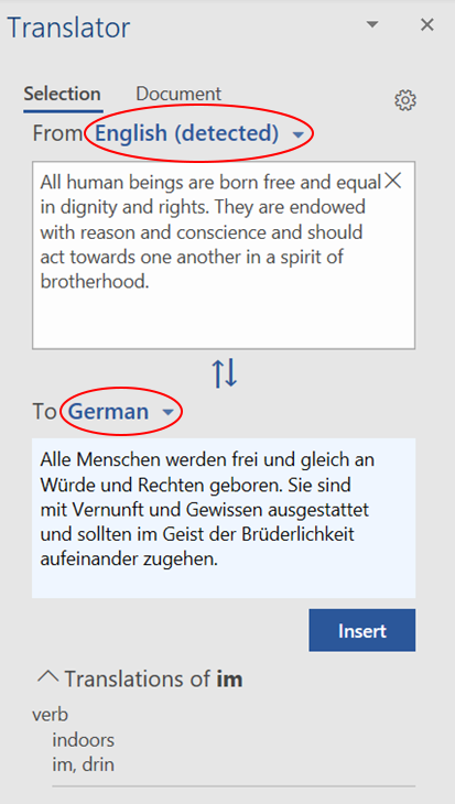 An example of automatic translation from English to German with Word | Phrase
