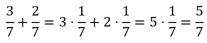 Three sevenths plus two sevenths equals five sevenths (with two intermediate steps).