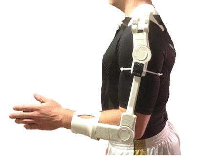 One image of a person standing with their left arm at 90 degrees wearing a 3D printed exoskeleton.