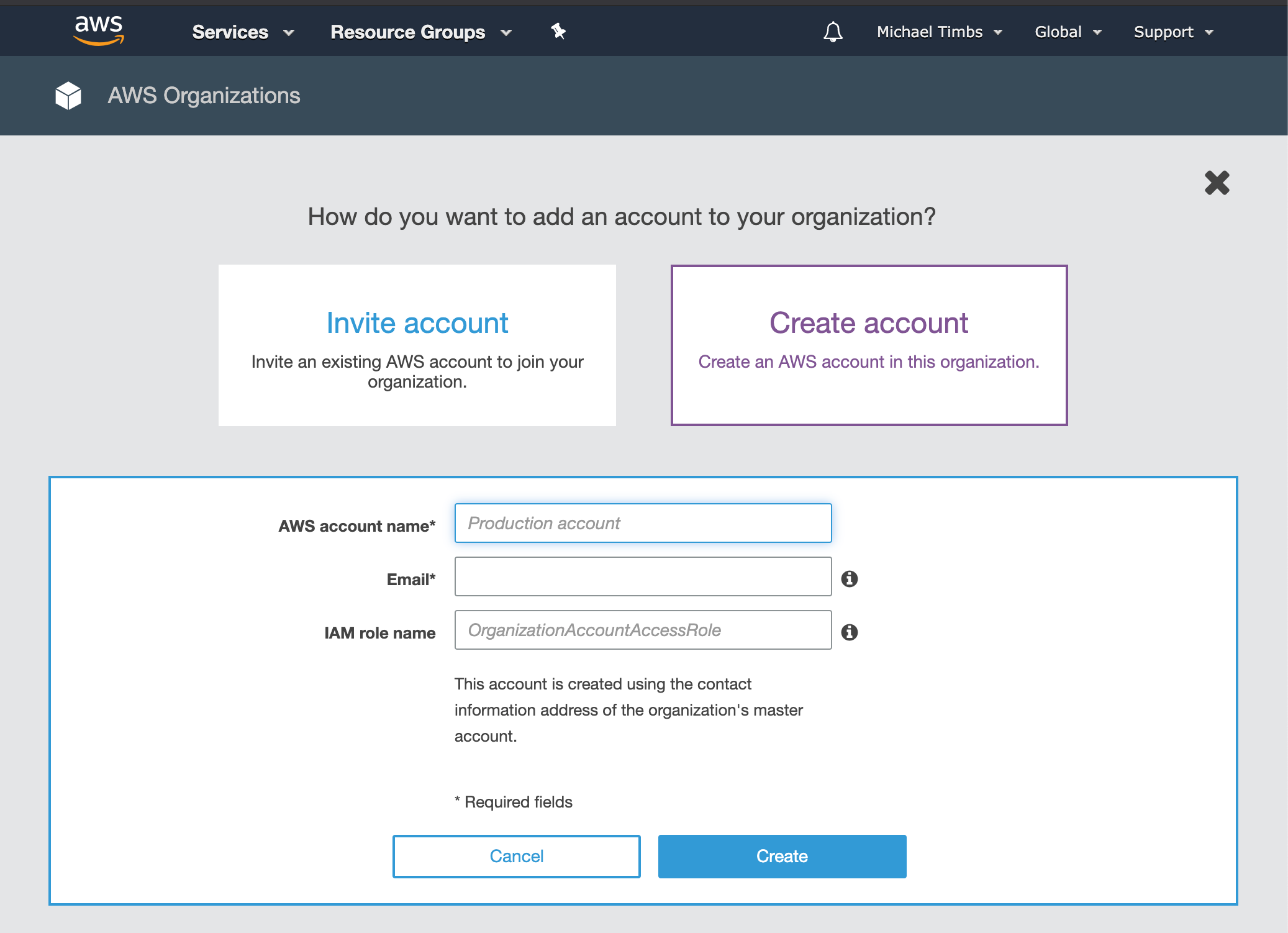 AWS Console — Create Account View