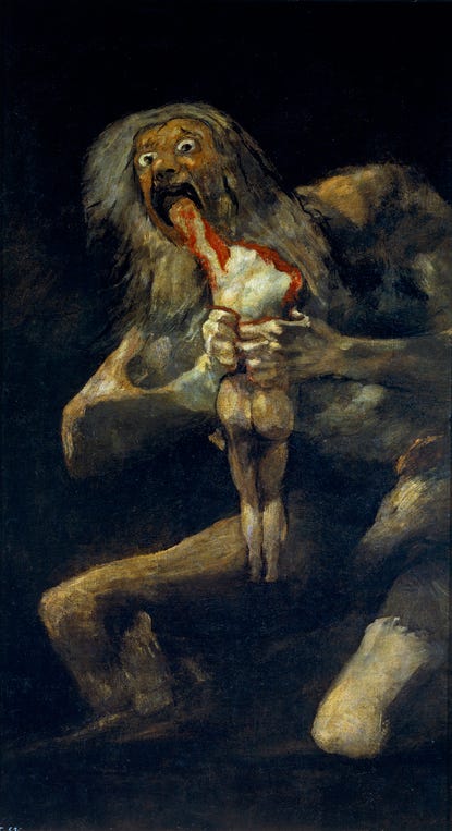 Francisco Goya, Saturno Devorando Seu Filho , c. 1819–1823. Goya cria uma sensação de tensão e desconforto, que refletem sua ansiedade e medos pessoais ao retratar Chronos como alegoria do passar do tempo, e seus filhos, por ele sendo devorados.