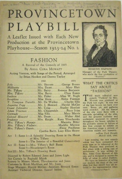 A playbill for the Provincetown Players Production of “Fashion” in 1924. It is printed in a deliberatly old-fashioned style.