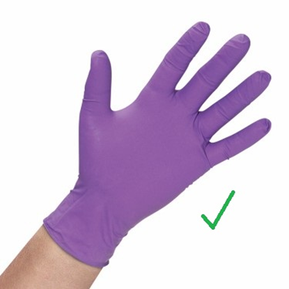 Image of a hand wearing a purple glove, accompanied by a green tick