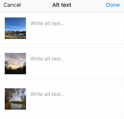 Screenshot of Instagram‘s alt text page when there are multiple images, showing multiple alt text input fields.