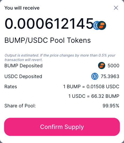 Confirm supply of BUMP and USDC tokens on Uniswap v2 DEX