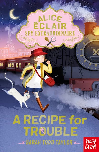 A larger image of the book cover. It is nighttime, and Alice, dressed in a red hat, yellow coat, white apron over a blue dress, and long brown boots and a red shoulder bag, runs for the train. Casper, the cat from the bakery, runs alongside her.