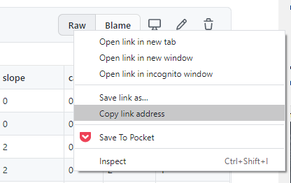 Screen capture showing an open context menu highlighting the raw data file’s “Copy link address” option.