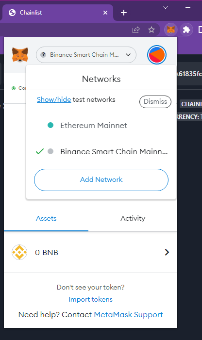 Chainlist switching networks whilst adding a new chain