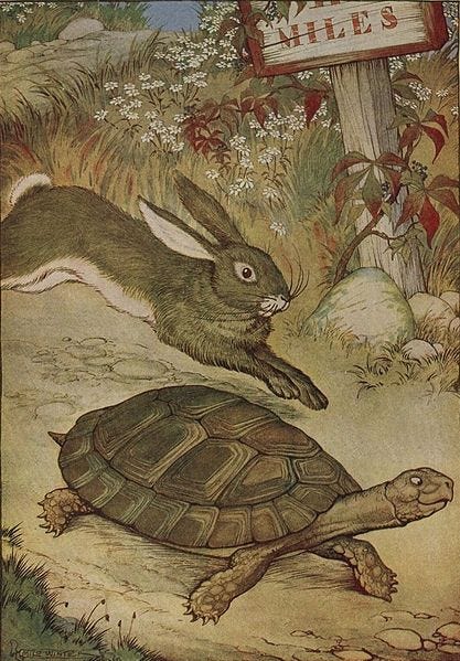 An illustration from the story “The Tortoise and the Hare” by Aesop.