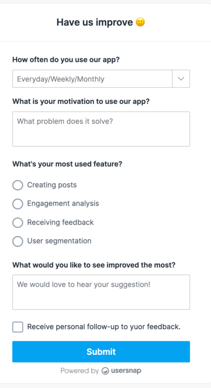 Example of in-app survey by usersnap