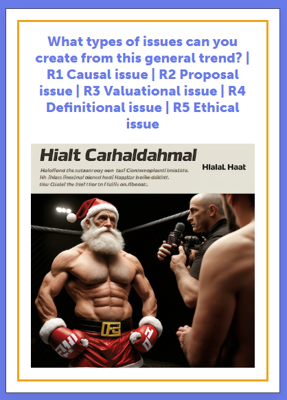 A Frankenstories prompt with an image of Santa in boxing gear being interviewed in a ring. The text specifies players should come up with a different issue each round: Causal, Proposal, Valuational, Definitional, and Ethical