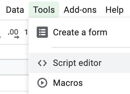 A screenshot of the Tools menu in Google Sheets, with the script editor option highlighted.