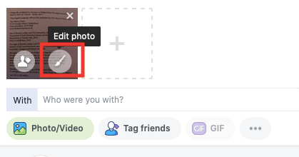 Screenshot of Facebook’s ‘Edit photo’ option highlighted after adding a photo to a new post.